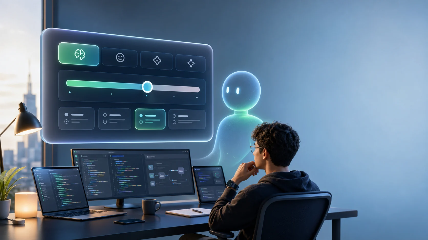 Developer workspace with abstract AI model controls