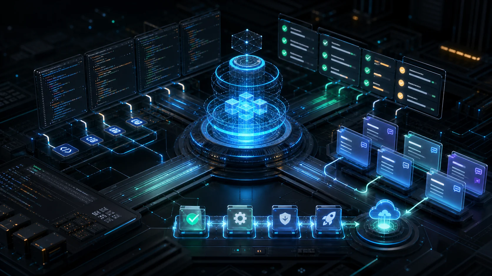 Abstract AI software workflow with code, tests, and deployment lanes